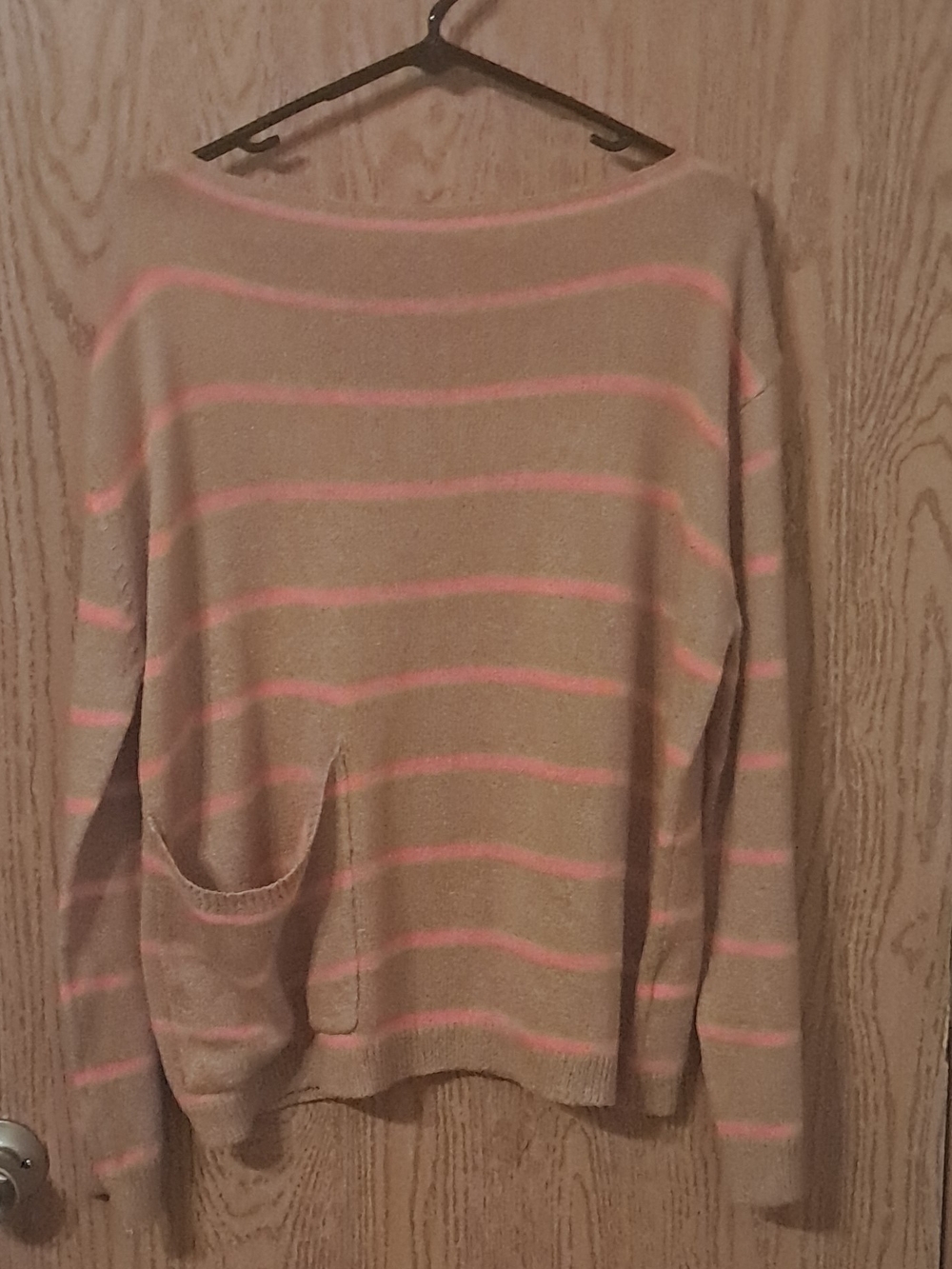 SHEIN Cream and Pink Striped Knit Sweater with Front Pocket Medium